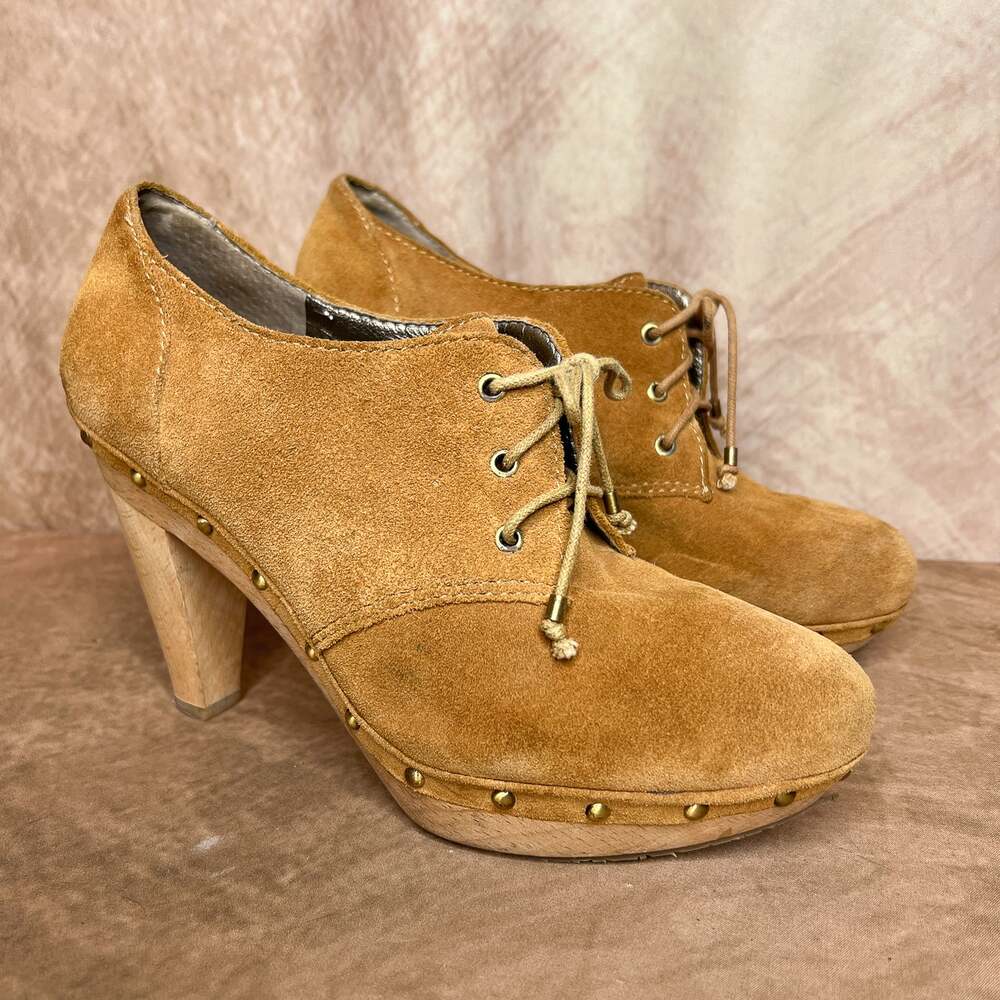 Y2K Suede High Heel ankle Boots Lace Up Studded Tan Boho Festival Western Indie